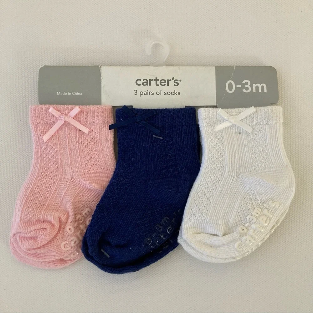 Carter’s 0-3 Months 3-pk Crew Pointelle Socks Baby Girl White Blue Pink